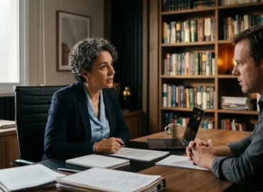 Advogado em atendimento consultivo explicando direitos sobre indenização substitutiva para cliente em escritório.