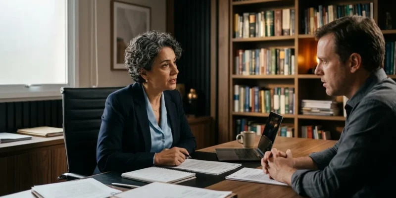 Advogado em atendimento consultivo explicando direitos sobre indenização substitutiva para cliente em escritório.