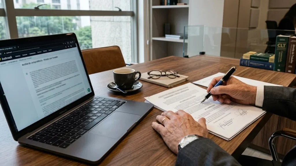Advogado em mesa de escritório analisa documentos contratuais de forma sóbria para identificar fraude trabalhista.