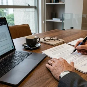 Advogado em mesa de escritório analisa documentos contratuais de forma sóbria para identificar fraude trabalhista.