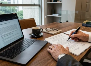 Advogado em mesa de escritório analisa documentos contratuais de forma sóbria para identificar fraude trabalhista.