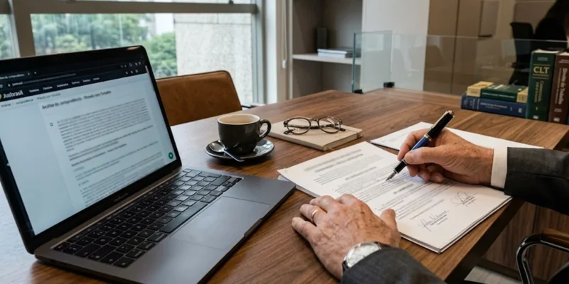 Advogado em mesa de escritório analisa documentos contratuais de forma sóbria para identificar fraude trabalhista.