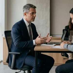 Advogado em ambiente profissional conversando de forma acolhedora com um cliente sobre direitos trabalhistas.