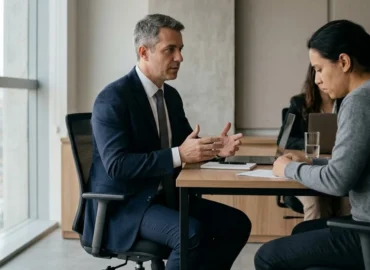 Advogado em ambiente profissional conversando de forma acolhedora com um cliente sobre direitos trabalhistas.