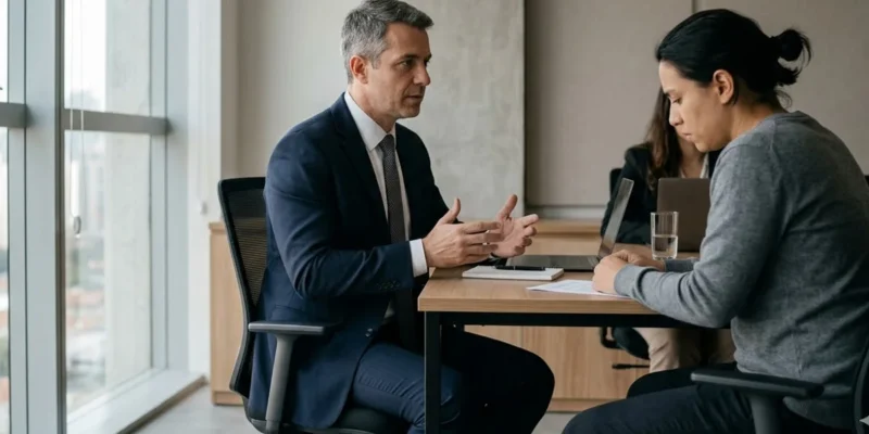 Advogado em ambiente profissional conversando de forma acolhedora com um cliente sobre direitos trabalhistas.
