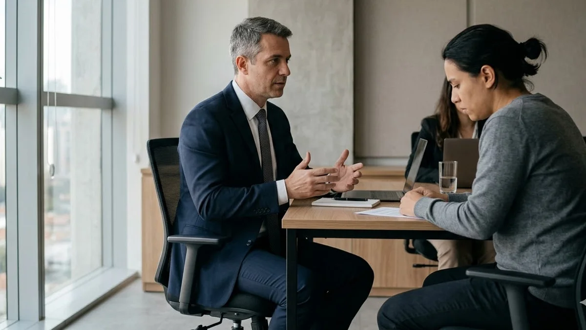 Advogado em ambiente profissional conversando de forma acolhedora com um cliente sobre direitos trabalhistas.