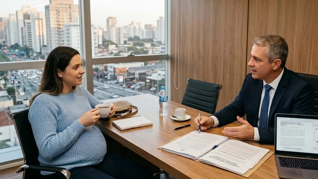 Advogado explicando processo de alimentos gravídicos e direitos da gestante em reunião consultiva.