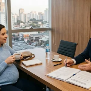 Advogado explicando processo de alimentos gravídicos e direitos da gestante em reunião consultiva.