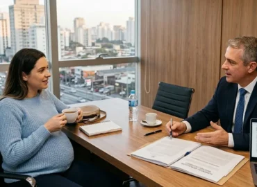 Advogado explicando processo de alimentos gravídicos e direitos da gestante em reunião consultiva.