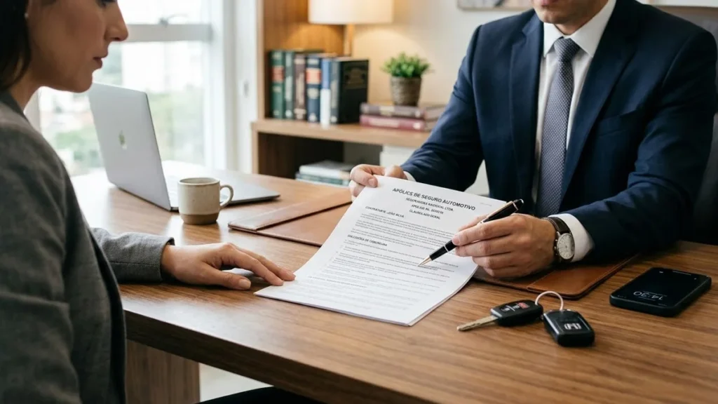 Advogado em reunião consultiva analisando documentos contratuais de seguro sobre uma mesa de madeira.