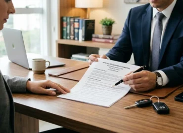 Advogado em reunião consultiva analisando documentos contratuais de seguro sobre uma mesa de madeira.