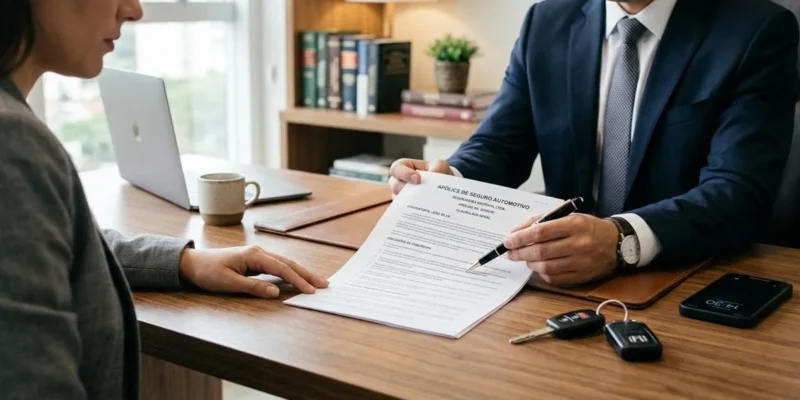 Advogado em reunião consultiva analisando documentos contratuais de seguro sobre uma mesa de madeira.
