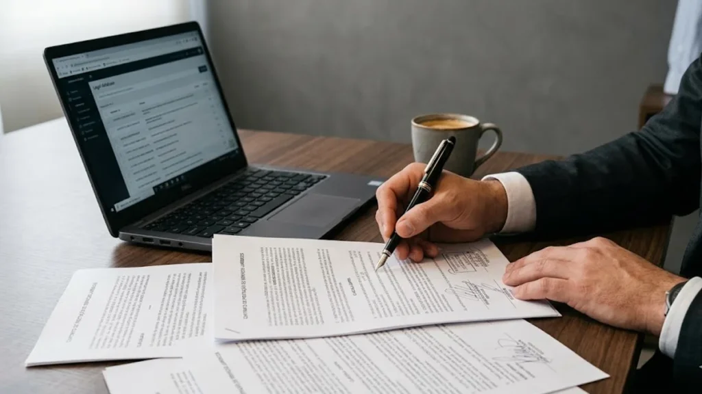 Close-up das mãos de um advogado analisando contrato de imóvel e documentos sobre mesa de madeira com café.