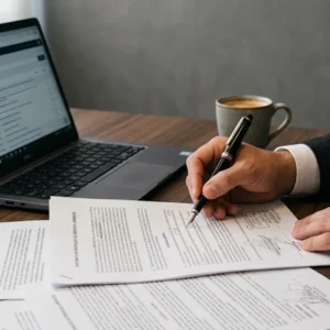 Close-up das mãos de um advogado analisando contrato de imóvel e documentos sobre mesa de madeira com café.