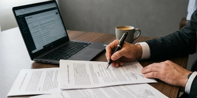 Close-up das mãos de um advogado analisando contrato de imóvel e documentos sobre mesa de madeira com café.