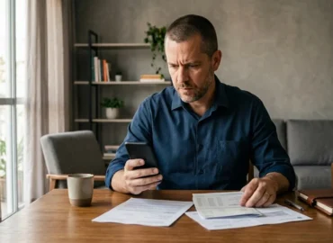 Homem em escritório doméstico analisando seriamente um documento de cobrança bancária no celular.