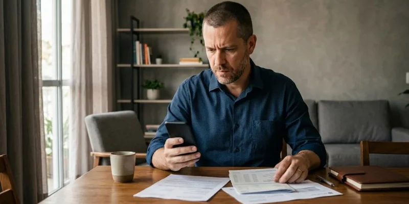Homem em escritório doméstico analisando seriamente um documento de cobrança bancária no celular.