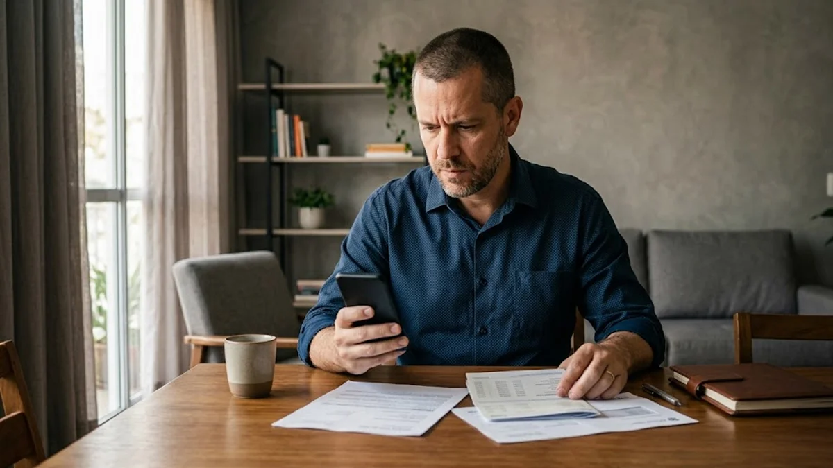 Homem em escritório doméstico analisando seriamente um documento de cobrança bancária no celular.