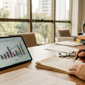 Advogado em reunião consultiva analisando documentos financeiros e planilhas de custos processuais sobre uma mesa de madeira.