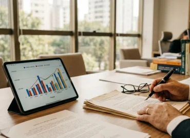 Advogado em reunião consultiva analisando documentos financeiros e planilhas de custos processuais sobre uma mesa de madeira.