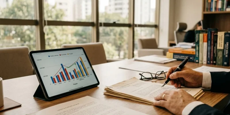 Advogado em reunião consultiva analisando documentos financeiros e planilhas de custos processuais sobre uma mesa de madeira.