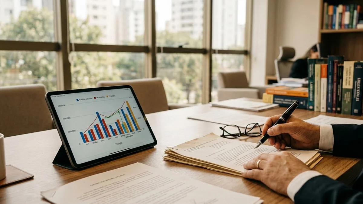 Advogado em reunião consultiva analisando documentos financeiros e planilhas de custos processuais sobre uma mesa de madeira.
