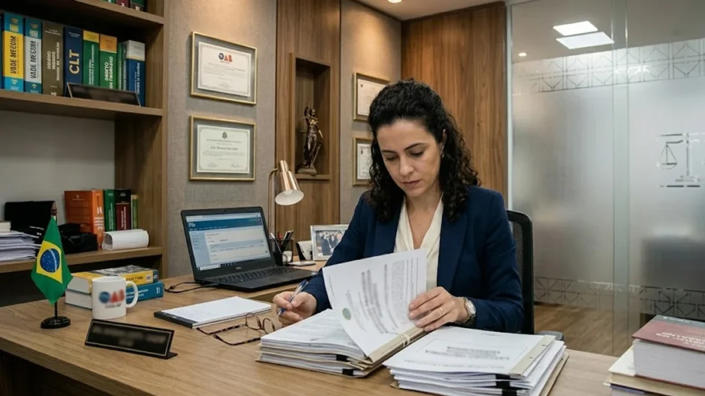 Advogado em São Paulo analisando processo de execução provisória trabalhista no sistema PJe.