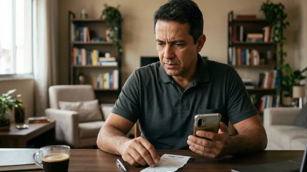 Pessoa analisando smartphone e documentos de compra, representando dúvida sobre garantia de produto usado.