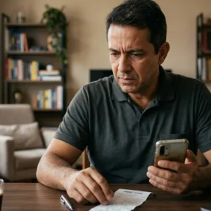 Pessoa analisando smartphone e documentos de compra, representando dúvida sobre garantia de produto usado.