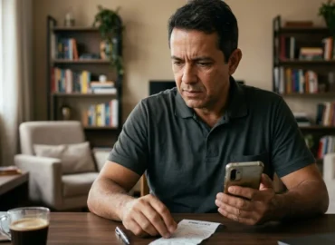 Pessoa analisando smartphone e documentos de compra, representando dúvida sobre garantia de produto usado.