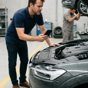 Homem com expressão de preocupação ao lado de um carro com o capô aberto em uma oficina mecânica.