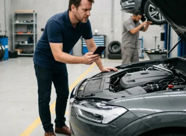 Homem com expressão de preocupação ao lado de um carro com o capô aberto em uma oficina mecânica.