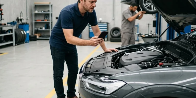 Homem com expressão de preocupação ao lado de um carro com o capô aberto em uma oficina mecânica.
