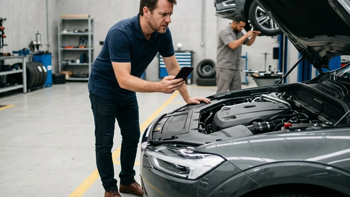 Homem com expressão de preocupação ao lado de um carro com o capô aberto em uma oficina mecânica.