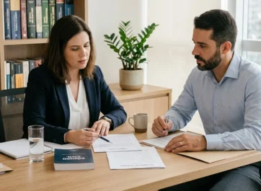 Homem e mulher sentados à mesa em ambiente profissional, conversando de forma serena sobre documentos, representando um acordo de guarda.