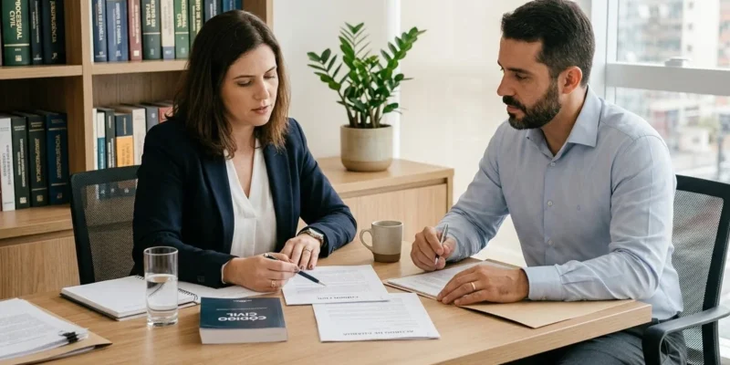 Homem e mulher sentados à mesa em ambiente profissional, conversando de forma serena sobre documentos, representando um acordo de guarda.