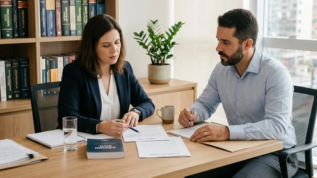 Homem e mulher sentados à mesa em ambiente profissional, conversando de forma serena sobre documentos, representando um acordo de guarda.