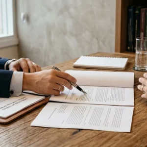 Advogado explicando termos de partilha de bens em uma mesa de escritório de forma consultiva e profissional.