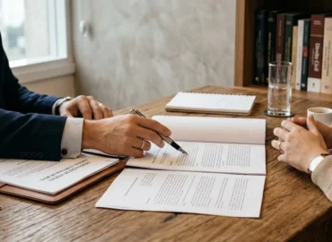 Advogado explicando termos de partilha de bens em uma mesa de escritório de forma consultiva e profissional.