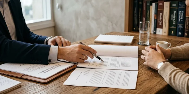 Advogado explicando termos de partilha de bens em uma mesa de escritório de forma consultiva e profissional.
