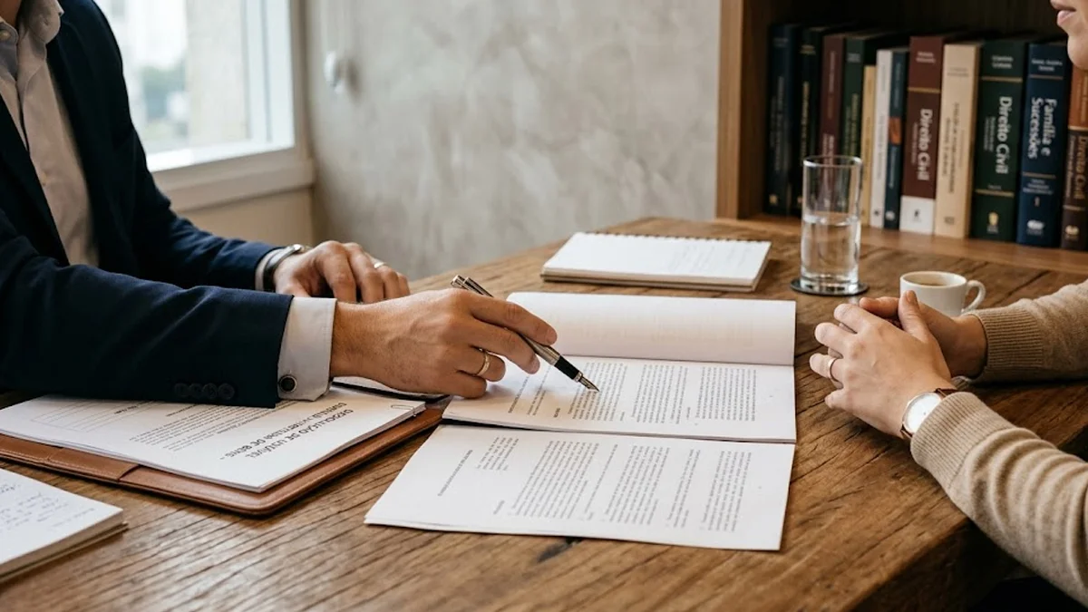 Advogado explicando termos de partilha de bens em uma mesa de escritório de forma consultiva e profissional.