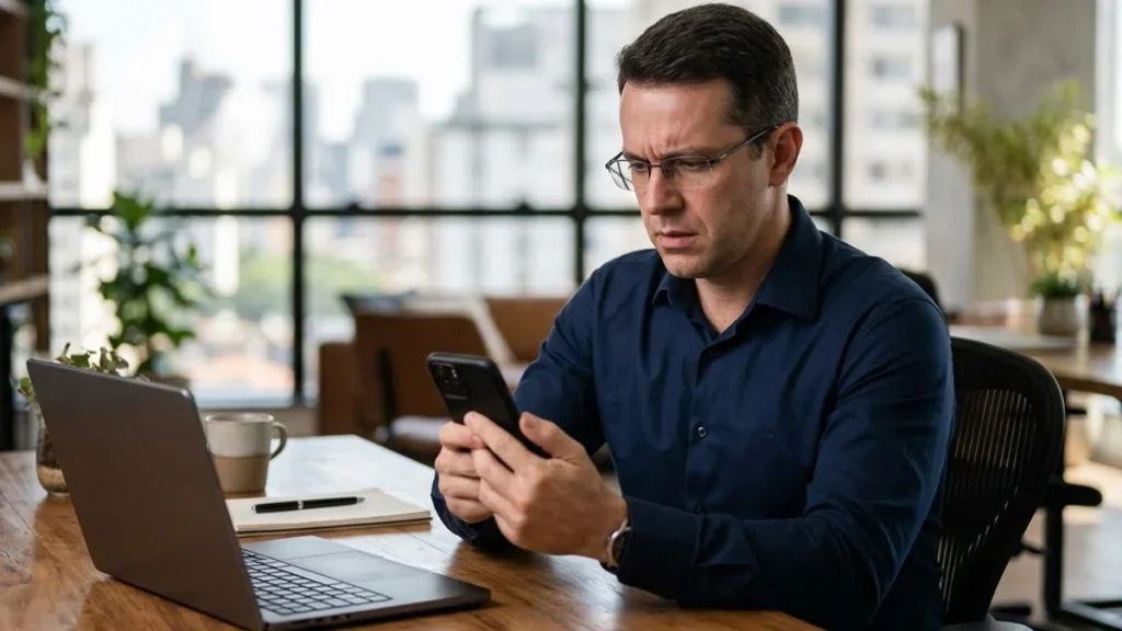 Homem em escritório olhando preocupado para o celular após receber notificação de transação bancária suspeita.