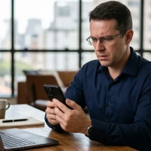 Homem em escritório olhando preocupado para o celular após receber notificação de transação bancária suspeita.