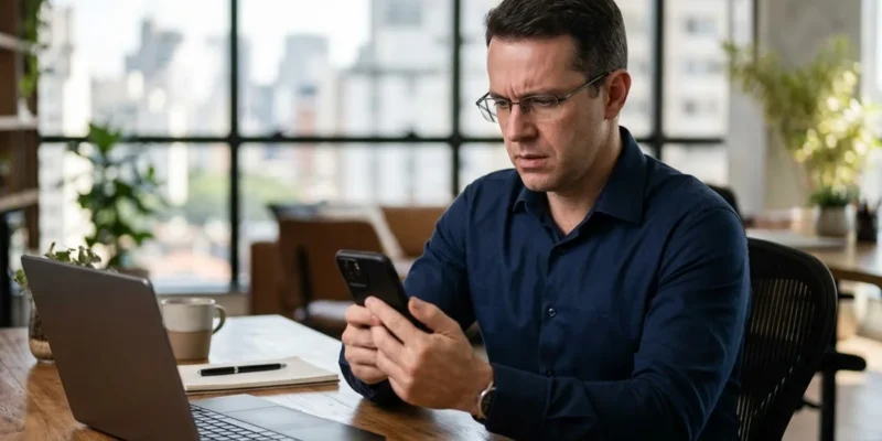 Homem em escritório olhando preocupado para o celular após receber notificação de transação bancária suspeita.