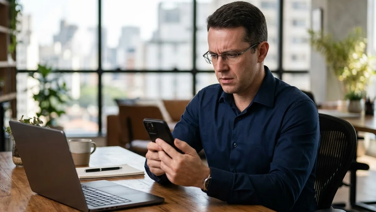 Homem em escritório olhando preocupado para o celular após receber notificação de transação bancária suspeita.