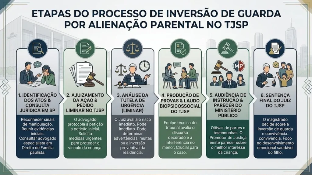 Infográfico sobre as etapas do processo de inversão de guarda por alienação parental no Tribunal de Justiça de São Paulo.