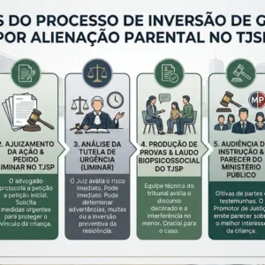 Infográfico sobre as etapas do processo de inversão de guarda por alienação parental no Tribunal de Justiça de São Paulo.