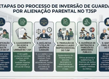 Infográfico sobre as etapas do processo de inversão de guarda por alienação parental no Tribunal de Justiça de São Paulo.