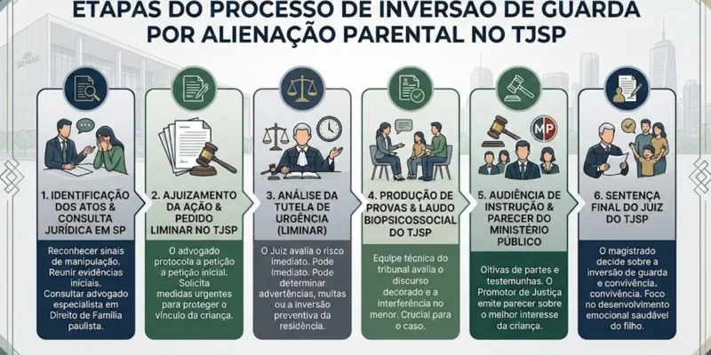 Infográfico sobre as etapas do processo de inversão de guarda por alienação parental no Tribunal de Justiça de São Paulo.