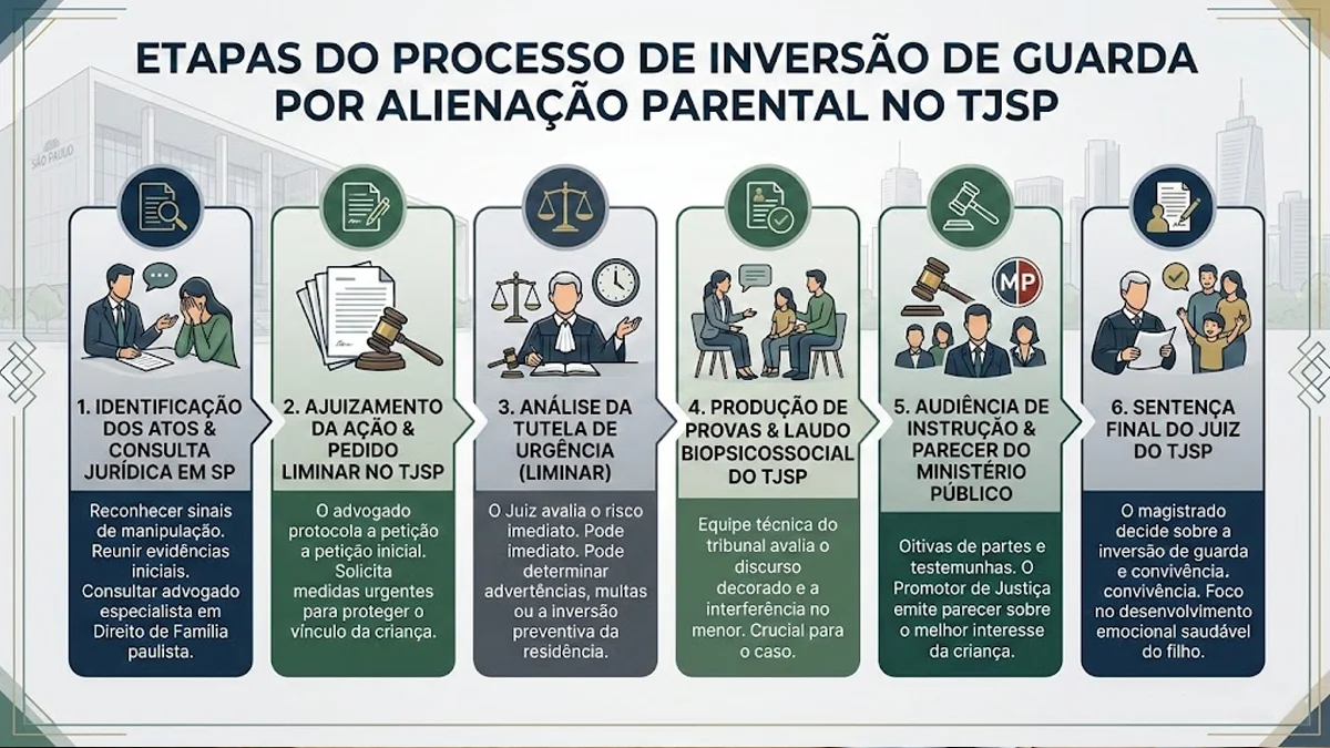 Infográfico sobre as etapas do processo de inversão de guarda por alienação parental no Tribunal de Justiça de São Paulo.